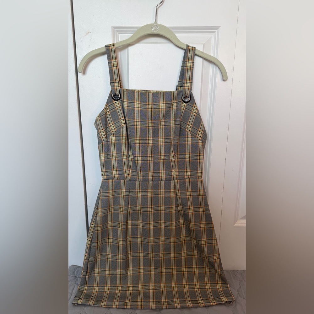 BeBop Plaid Pinafore Dress in Gray and Yellow Plaid - Picture 2 of 5
